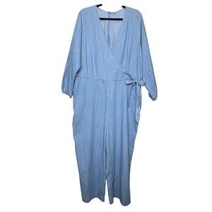 Old Navy 3/4 Sleeve Chambray Blue Denim Jumpsuit Boho Faux Wrap Waist Size XXL